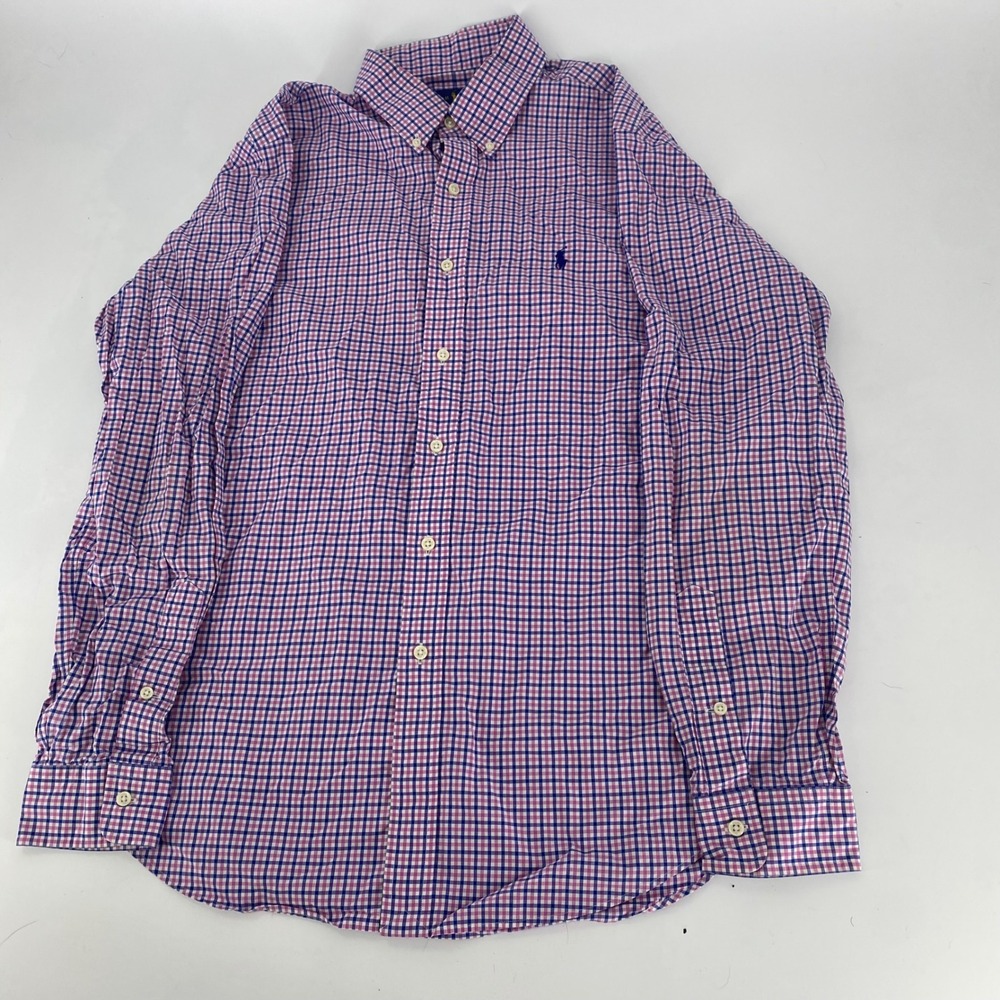 Polo Ralph Lauren Mens Large Pink Blue Gingham Check Button Down Shirt L Long Sl